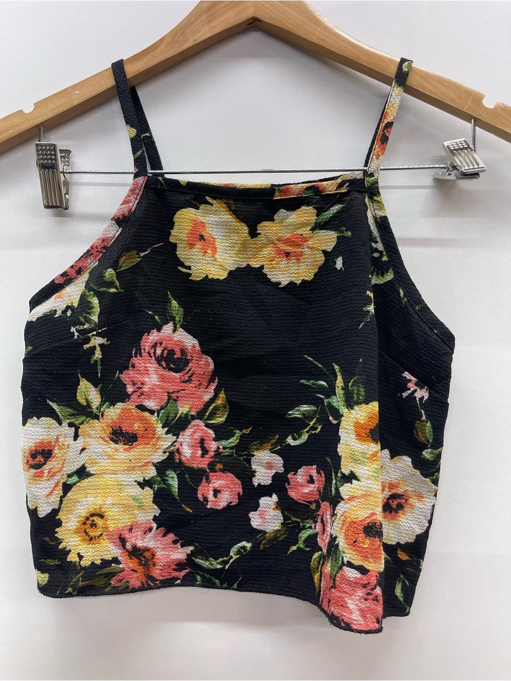 Y2K Black Floral Square-Neck Cropped Cami with Yellow & Pink Blooms